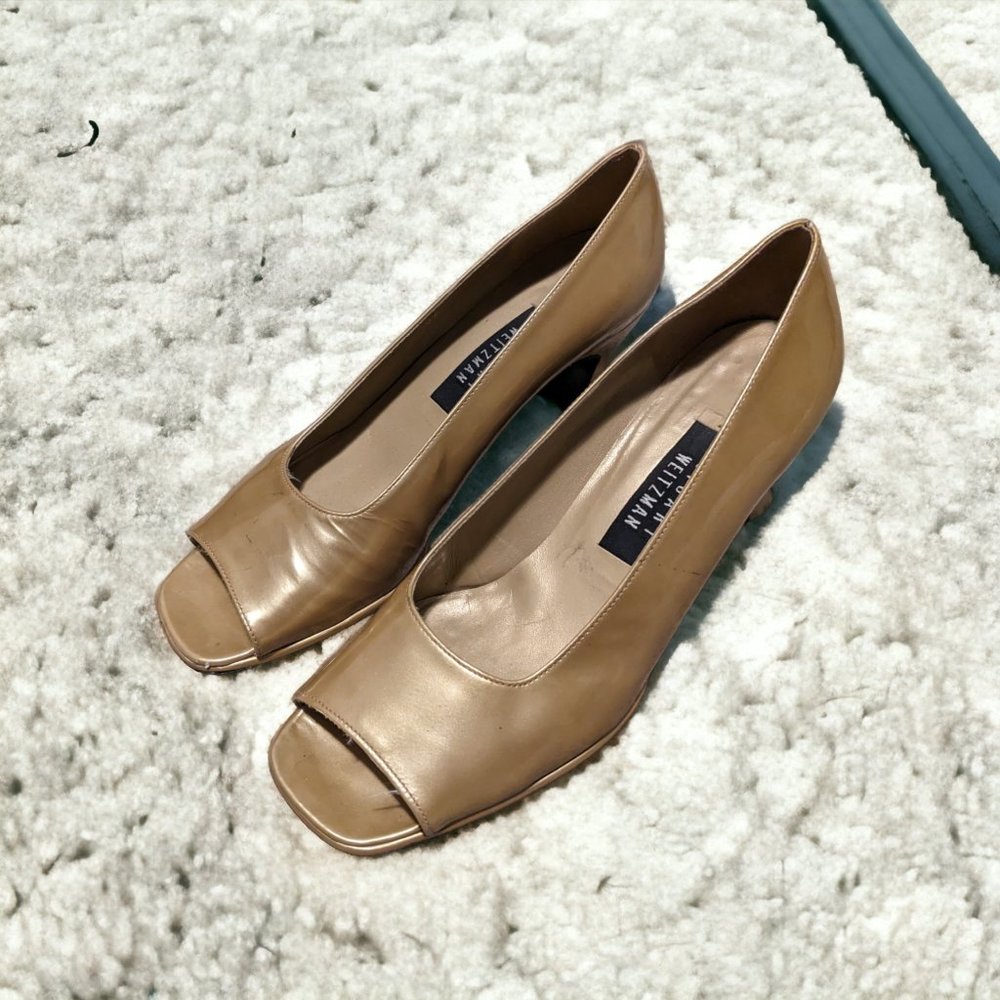 Stuart Weitzman Pump Heels Vintage 80s Gold Patent Leather Open Toe Size 8B